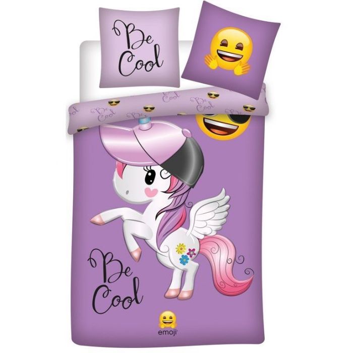 Billede af Sengetøj 140x200 cm - Emoji Unicorn - Dynebetræk med 2 i 1 design - 100% bomulds sengesæt